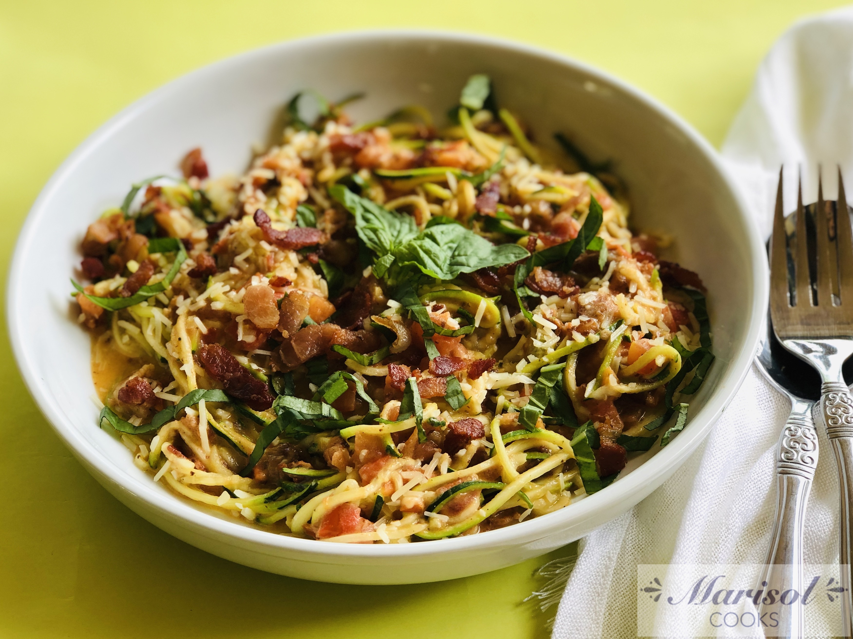 Zoodles with Creamy Tomato sauce and Bacon.